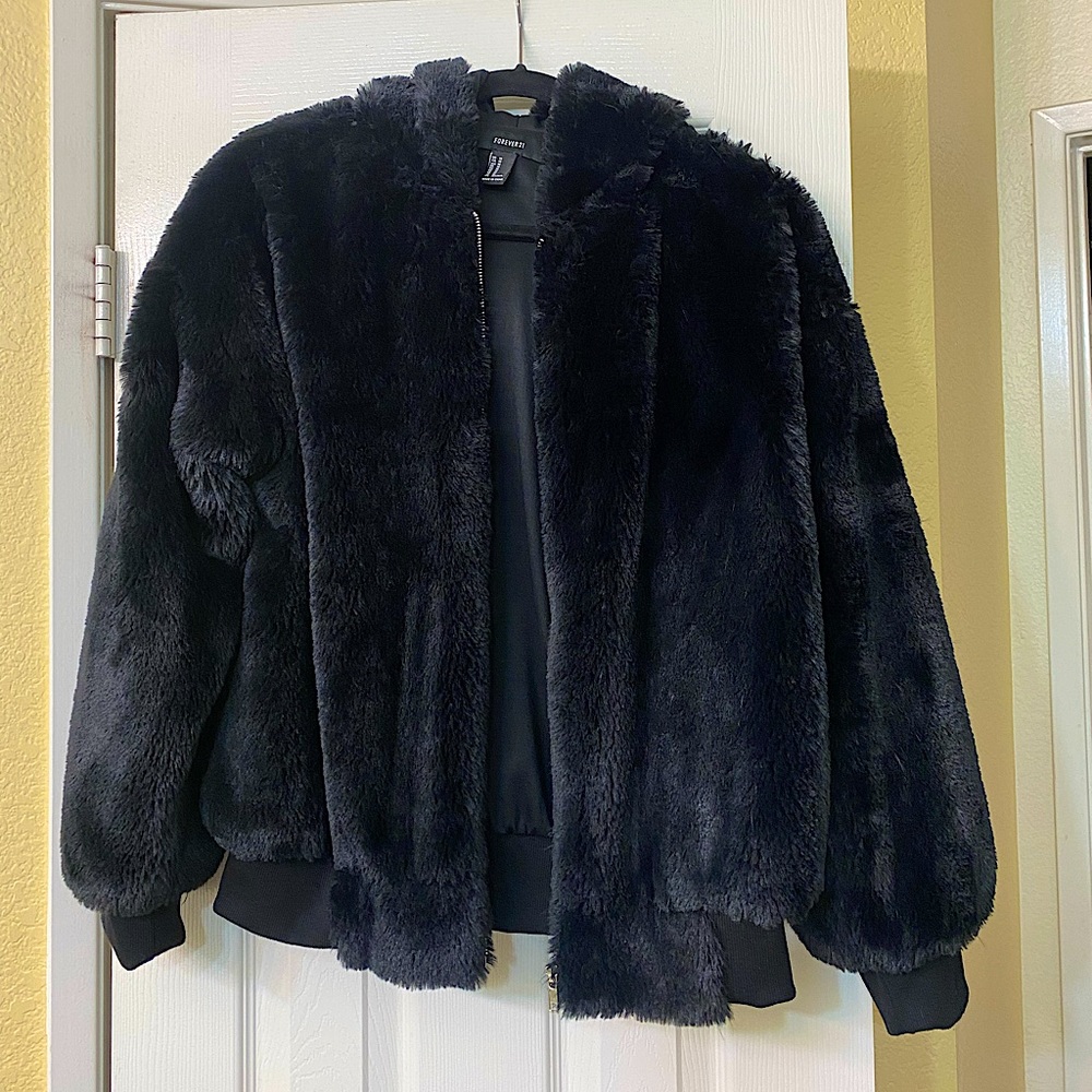 Black faux jacket zipper hoodie no rips in good condition